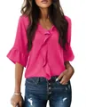 Elegant hot pink V-neck casual blouse with ruffled front and stylish bell sleeves detail - Hot Pink