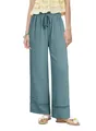 Detail view of teal wide-leg pants featuring hollow-out lace trim and drawstring waist - S / Bottoms / Light Blue