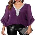 Detailed view of deep V-neck purple blouse with silver sequins and ruffled bell sleeves. - Purple