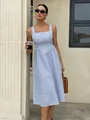 Elegant French style blue and white striped sleeveless midi dress with square neck - S / Blue
