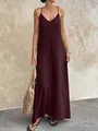 Detail of a burgundy V-neck backless camisole maxi dress with crinkle texture. - S / Top And Bottom / Burgundy