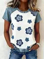 Casual round neck T-shirt with denim patchwork and blue floral print for women - S / Tops / White with Blue Flowers