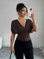 Elegant brown deep V-neck top featuring puff sleeves and a ruched waist design. - S / Tops / Coffee