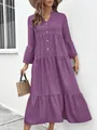 Elegant purple tiered A-line midi dress featuring a stylish V-neckline and bell sleeves - Purple