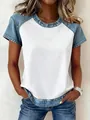 Detailed view of women's loose contrast color T-shirt featuring denim texture sleeves. - S / Tops / Pure White