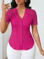 Detailed view of a fuchsia pink slim fit blouse with lace embroidery and buttons - Rose Red