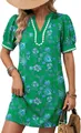 Detail view of a green floral V-neck dress with white lace trim and short puff sleeves. - Deep Green Print