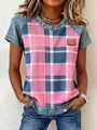 Detail of women's round neck top with pink plaid print and denim patchwork sleeves - S / Tops / Pink Blue Plaid