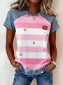 Women's stylish loose fit round neck top with pink stripes and daisy flower print - S / Tops / Pink Stripe