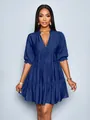Elegant dark blue mini dress featuring deep V-neck, bubble sleeves, and tiered pleats - S / Bottoms / Navy Blue