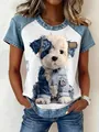 Detail of women's raglan sleeve t-shirt with cute denim-clothed puppy graphic print - S / Tops / Dog Print