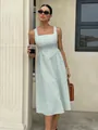 Elegant French style square neck sleeveless midi dress featuring green and white stripes - S / Green