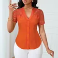 Elegant terracotta slim fit button-down top with floral lace hollow-out short sleeves - S / Tops / Orange