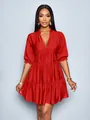 Detail of deep V-neck red puff sleeve tiered babydoll dress with pleated texture - Red