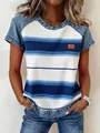Detail of women's casual short sleeve top with blue stripes and denim-textured sleeves - S / Tops / Blue and White Wide Stripes