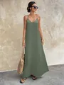 Elegant olive green V-neck camisole maxi dress with textured fabric detail. - Green