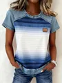 Detail view of women's short sleeve top with blue gradient stripes and denim texture - S / Tops / Blue and White Fine Stripes