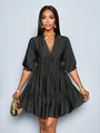 Elegant black puff sleeve tiered mini dress with deep V-neck and ruffled hem details - S / Bottoms / Black