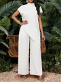 Ensemble décontracté femme avec haut asymétrique et pantalon large en décor tropical - S / Haut Et Bas / Blanc