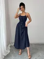 Elegant navy blue sleeveless midi dress with shirred waist and gathered neckline detail - S / Top And Bottom / Navy Blue