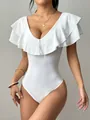 Elegant white slim-fit bodysuit featuring a deep V-neck and layered ruffle sleeves design. - S / Top And Bottom / White