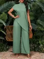 Ensemble deux pièces vert sauge élégant avec tunique à col haut et pantalon large en jardin - S / Haut Et Bas / Vert Haricot