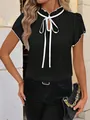 Elegant black blouse with white ruffled collar and tie-up bow for a stylish look - S / Tops / Black