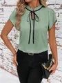 Elegant light green short sleeve blouse with ruffled collar and black tie neck for women - S / Tops / Green