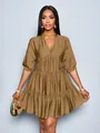 Elegant brown mini dress with deep V-neck, tiered skirt, and stylish puff sleeves. - S / Bottoms / Coffee