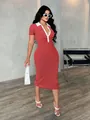 Full body view of a red and white striped polo collar bodycon midi dress for women. - White/Red Stripes
