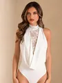 Detail view of white halter neck bodysuit with lace high collar and draped front. - S / Tops / White
