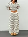 Conjunto de dos piezas de punto a rayas con top de cuello en V y pantalón ancho casual - S / Top Y Pantalón / Blanco