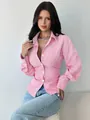 Slim fit pink striped shirt with a cinched waist and button-down collar - S / Tops / Pink