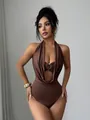 Detail of brown deep V-neck halter bodysuit featuring a metallic ring and slim cut-out. - S / Tops / Coffee
