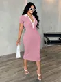 Fashionable pink and white striped bodycon midi dress with a crisp white POLO collar detail - S / Bottoms / White/Pink Stripes