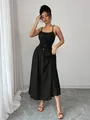 Elegant black sleeveless midi dress featuring a smocked waist and thin adjustable straps. - S / Top And Bottom / Black