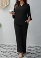 Casual black two-piece set featuring split sleeves top and straight-leg wide pants - 1XL / Top And Bottom / Black