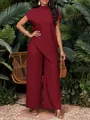 Vista completa del conjunto burdeos para mujer con top asimétrico y pantalón ancho - Burdeos