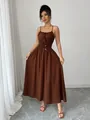 Elegant brown spaghetti strap maxi dress with a smocked waist and gold button details - S / Top And Bottom / Coffee