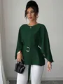 Full body shot of an elegant dark green French retro flare sleeve blouse with a waist belt. - Dark Green