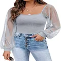 Detail des grauen Damenoberteils mit transparenten Polka-Dot-Laternenärmeln aus Netz - 2XL / Oberteile / Grau