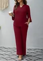 Elegant wine red two-piece lounge set with V-neck top and wide-leg pants for women - 1XL / Top And Bottom / Burgundy