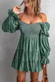 Detailed view of a green off-the-shoulder floral mini dress featuring a smocked bodice - S / Top And Bottom / Green Floral