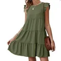 Detailed view of olive green tiered ruffled short sleeve casual dress for women - S / Tops / Green