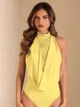 Detailed view of a vibrant yellow halter neck bodysuit featuring lace and draped neck design - S / Tops / Yellow