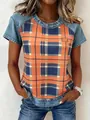 Casual plaid patchwork women's top with denim contrast sleeves and round neckline - S / Tops / Orange Plaid