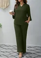 Olive green two-piece casual set featuring a V-neck tunic and wide-leg trousers - 1XL / Top And Bottom / Army Green