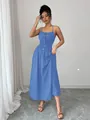 Elegant blue sleeveless pleated waist camisole maxi dress for women - Blue