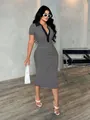 Stylish slim fit black and white striped polo neck midi dress worn by a fashion model - Black Stripe