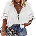 Camicetta bianca casual con scollo a V, cerniera e maniche a campana in mesh per donna - Taglia S / Top / Bianco